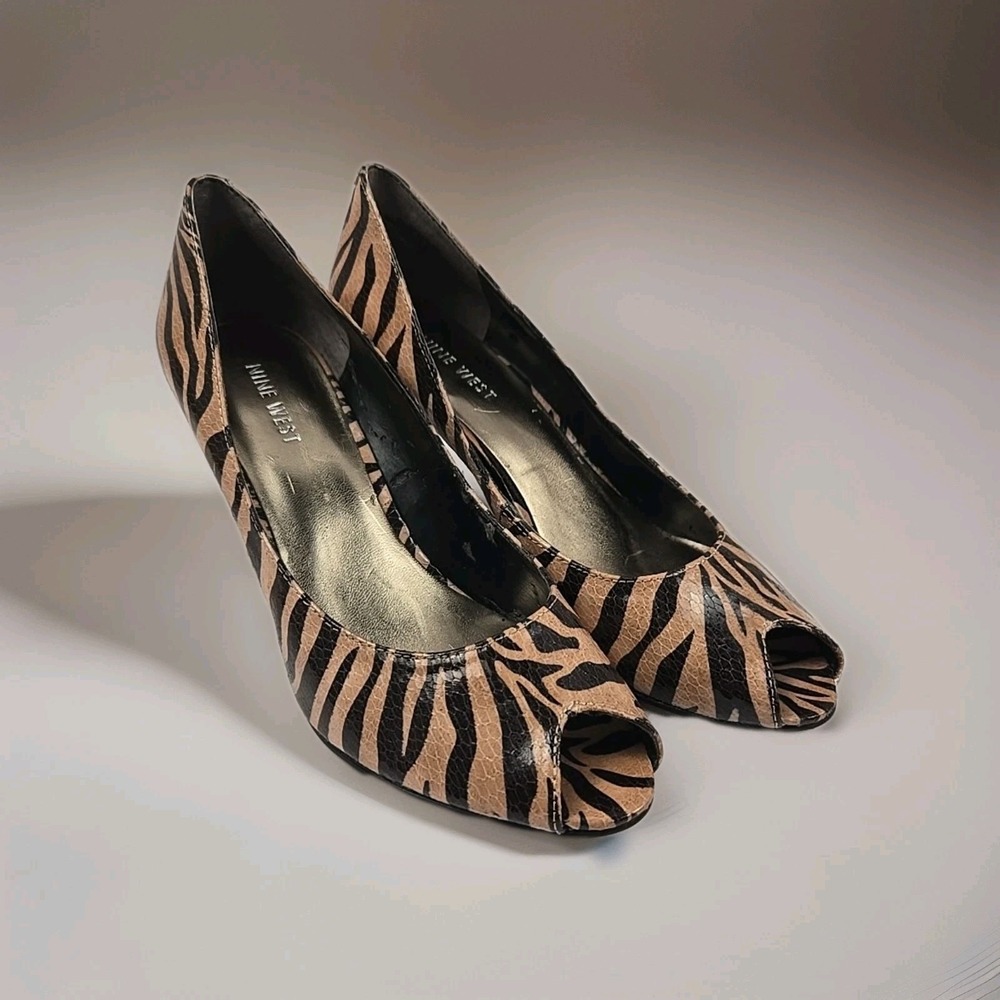 Nine West Tiger Print Snakeskin Embossed Peep-Toe Heels - Women's 7M